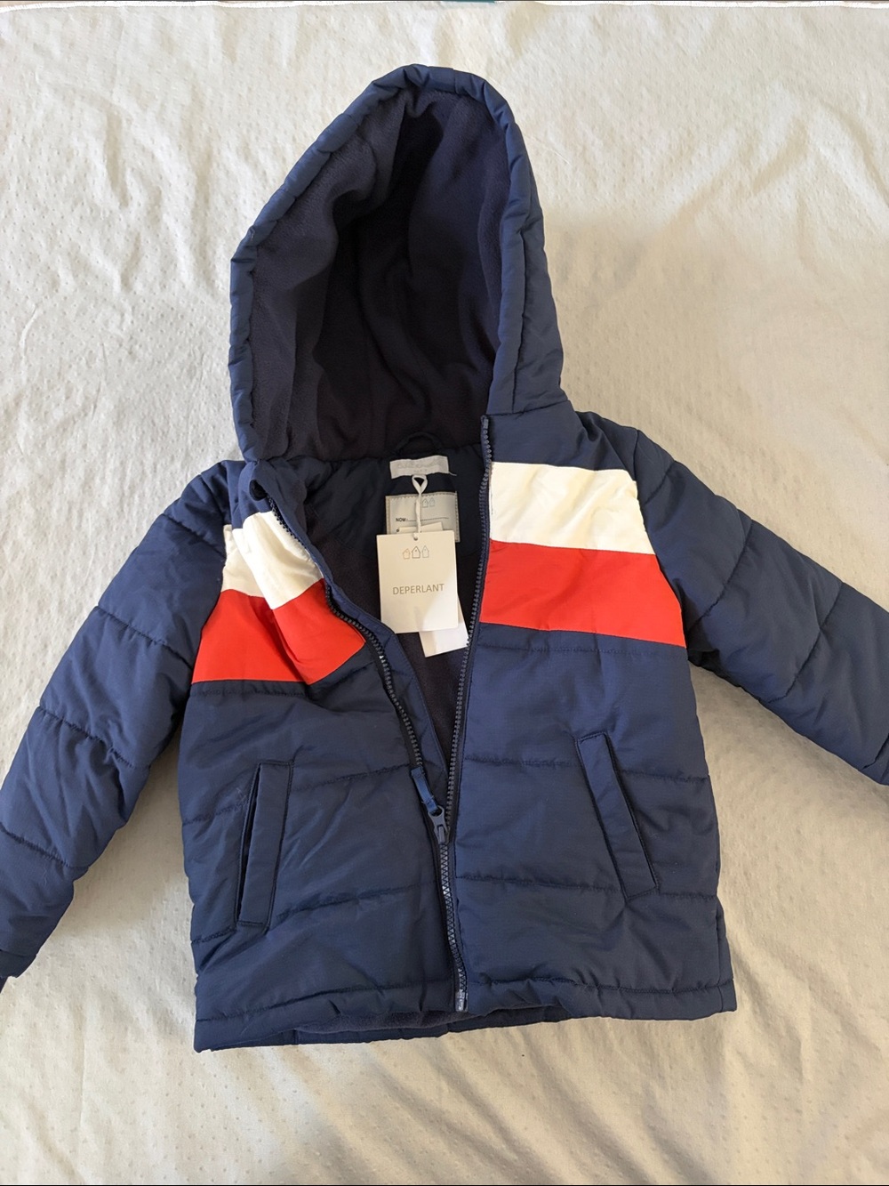 Kids Hooded Puffer Jacket in Navy with Red & White Chest Stripe